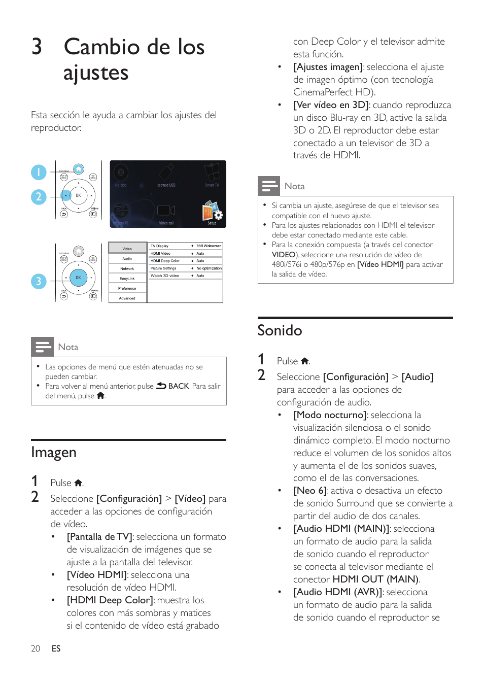 3 cambio de los ajustes, Imagen, Sonido | Imagen 1, Sonido 1 | Philips Fidelio Reproductor de Blu-ray Disc User Manual | Page 20 / 32