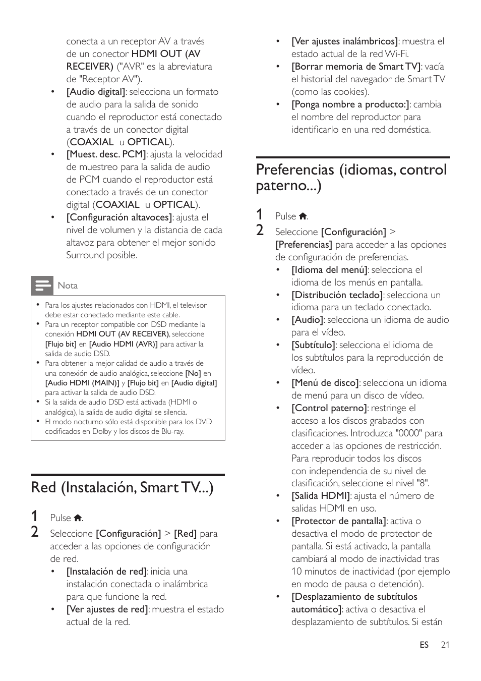 Red (instalación, smart tv...), Preferencias (idiomas, control paterno...), Preferencias (idiomas, control paterno...) 21 | Red (instalación, smart tv...) 1, Preferencias (idiomas, control paterno...) 1 | Philips Fidelio Reproductor de Blu-ray Disc User Manual | Page 21 / 32