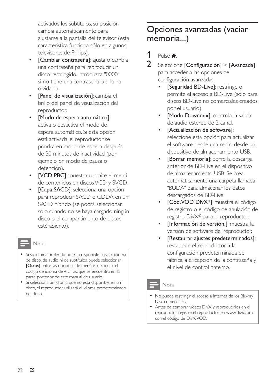 Opciones avanzadas (vaciar memoria...), Opciones avanzadas (vaciar memoria...) 22 | Philips Fidelio Reproductor de Blu-ray Disc User Manual | Page 22 / 32