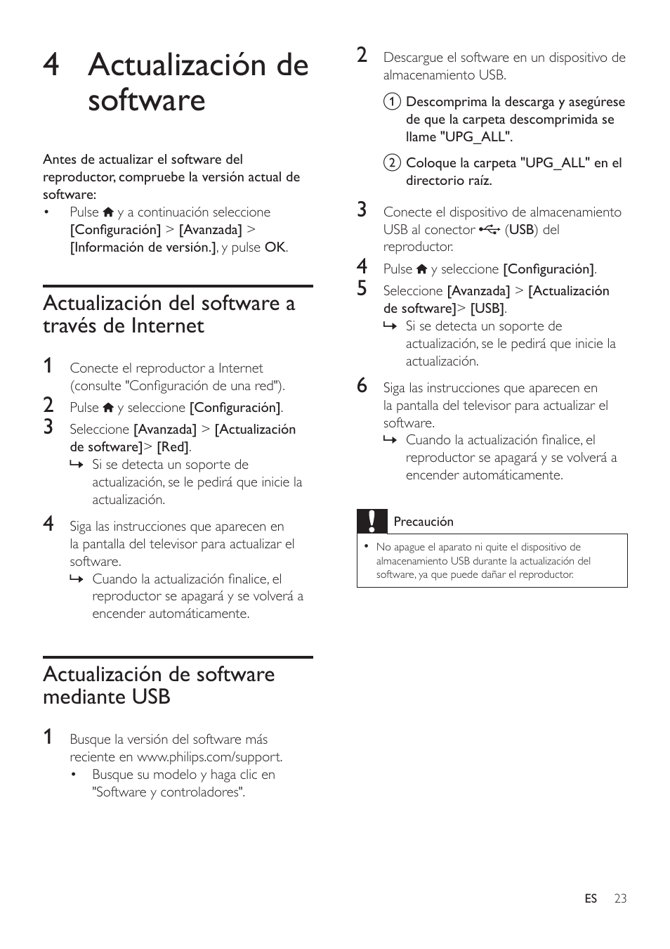 4 actualización de software, Actualización del software a través de internet, Actualización de software mediante usb | Actualización del software a través de, Internet, Actualización de software mediante, Actualización del software a través de internet 1, Actualización de software mediante usb 1 | Philips Fidelio Reproductor de Blu-ray Disc User Manual | Page 23 / 32