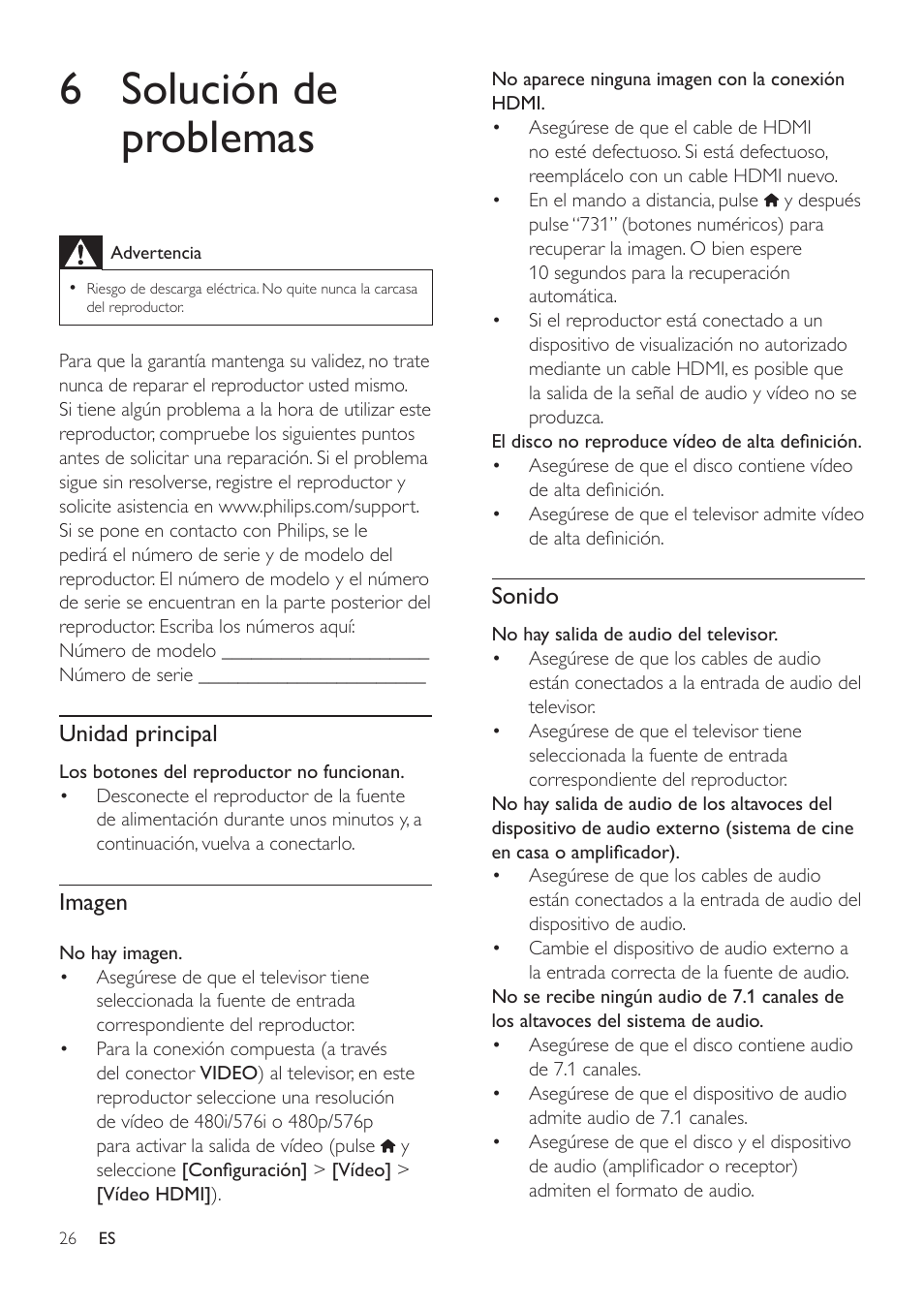 6 solución de problemas, Unidad principal, Imagen | Sonido | Philips Fidelio Reproductor de Blu-ray Disc User Manual | Page 26 / 32