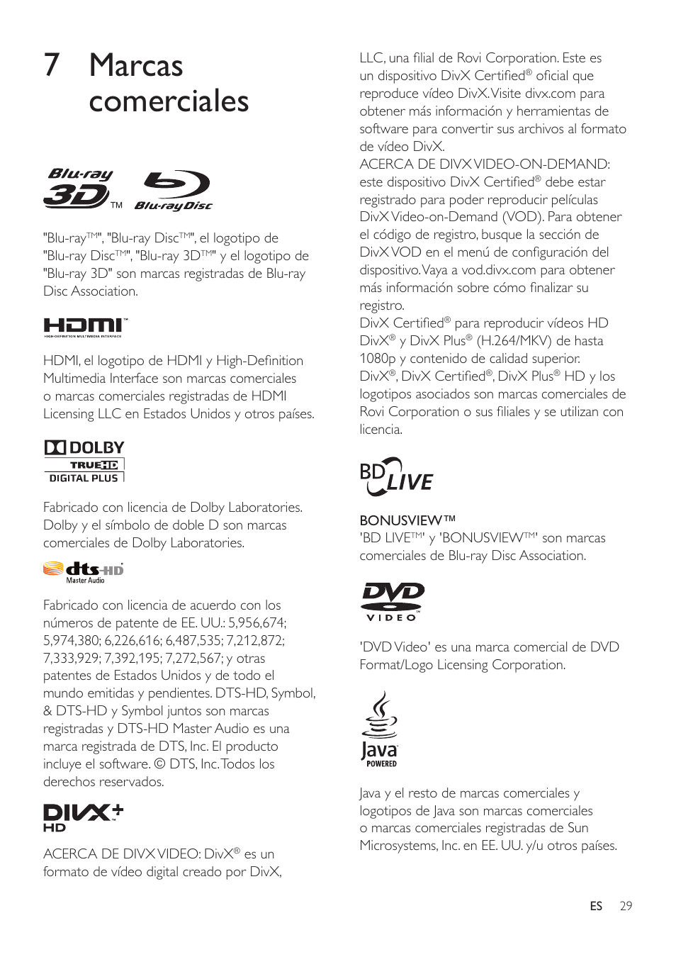 7 marcas comerciales | Philips Fidelio Reproductor de Blu-ray Disc User Manual | Page 29 / 32