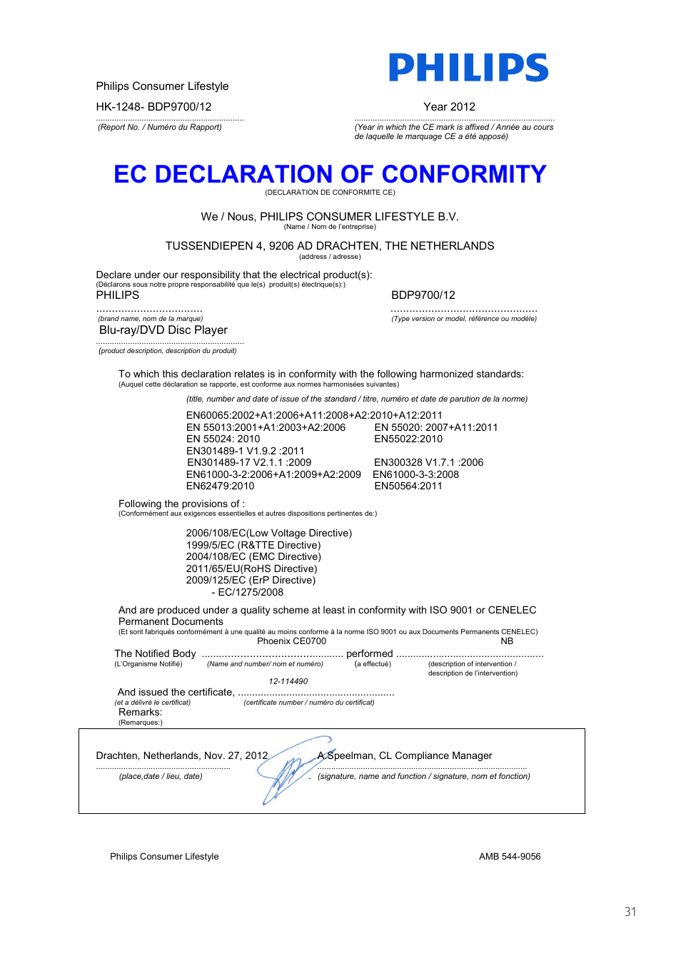 Ec declaration of conformity | Philips Fidelio Reproductor de Blu-ray Disc User Manual | Page 31 / 32
