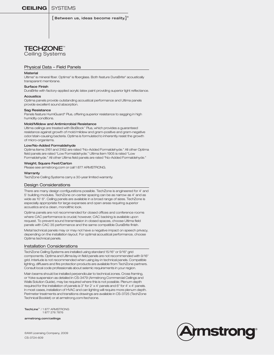 Techzone, Ceiling systems, Physical data – field panels | Design considerations, Installation considerations | Armstrong World Industries Ceiling Systems TechZone User Manual | Page 20 / 20