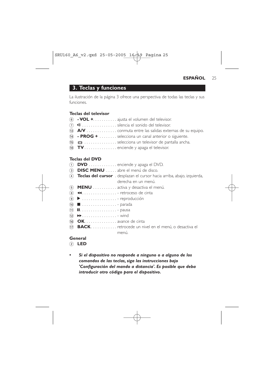 Teclas y funciones | Philips Mando a distancia universal User Manual | Page 25 / 112