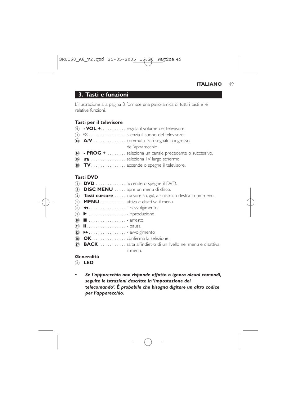 Tasti e funzioni | Philips Mando a distancia universal User Manual | Page 49 / 112