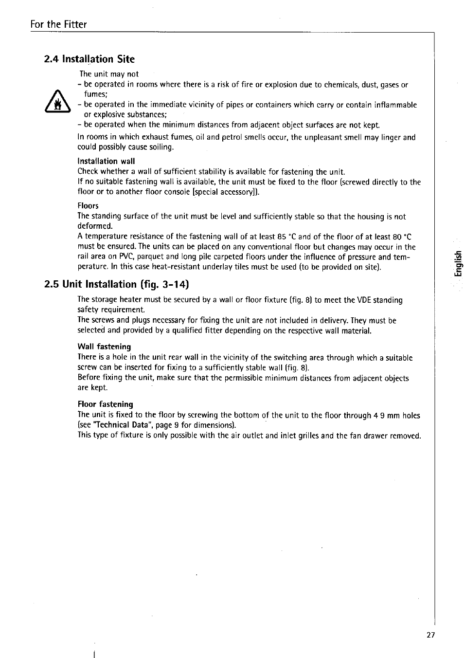 4 installation site, Floors, 5 unit installation (fig. 3-14) | AEG WSP 7010 User Manual | Page 12 / 19