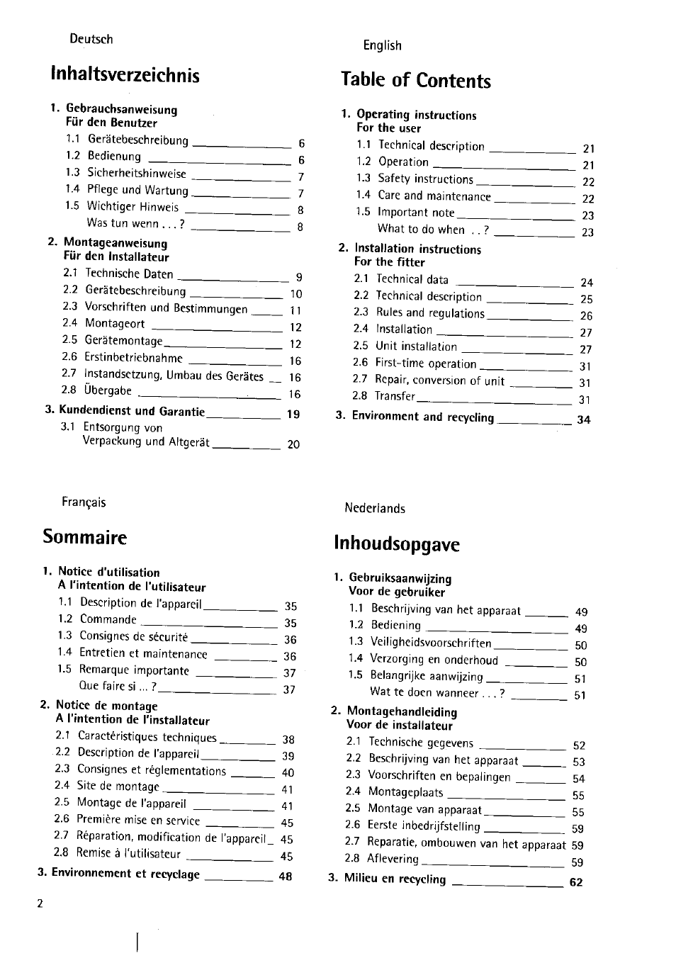 Inhaltsverzeichnis table of contents, Sommaire inhoudsopgave | AEG WSP 7010 User Manual | Page 5 / 19