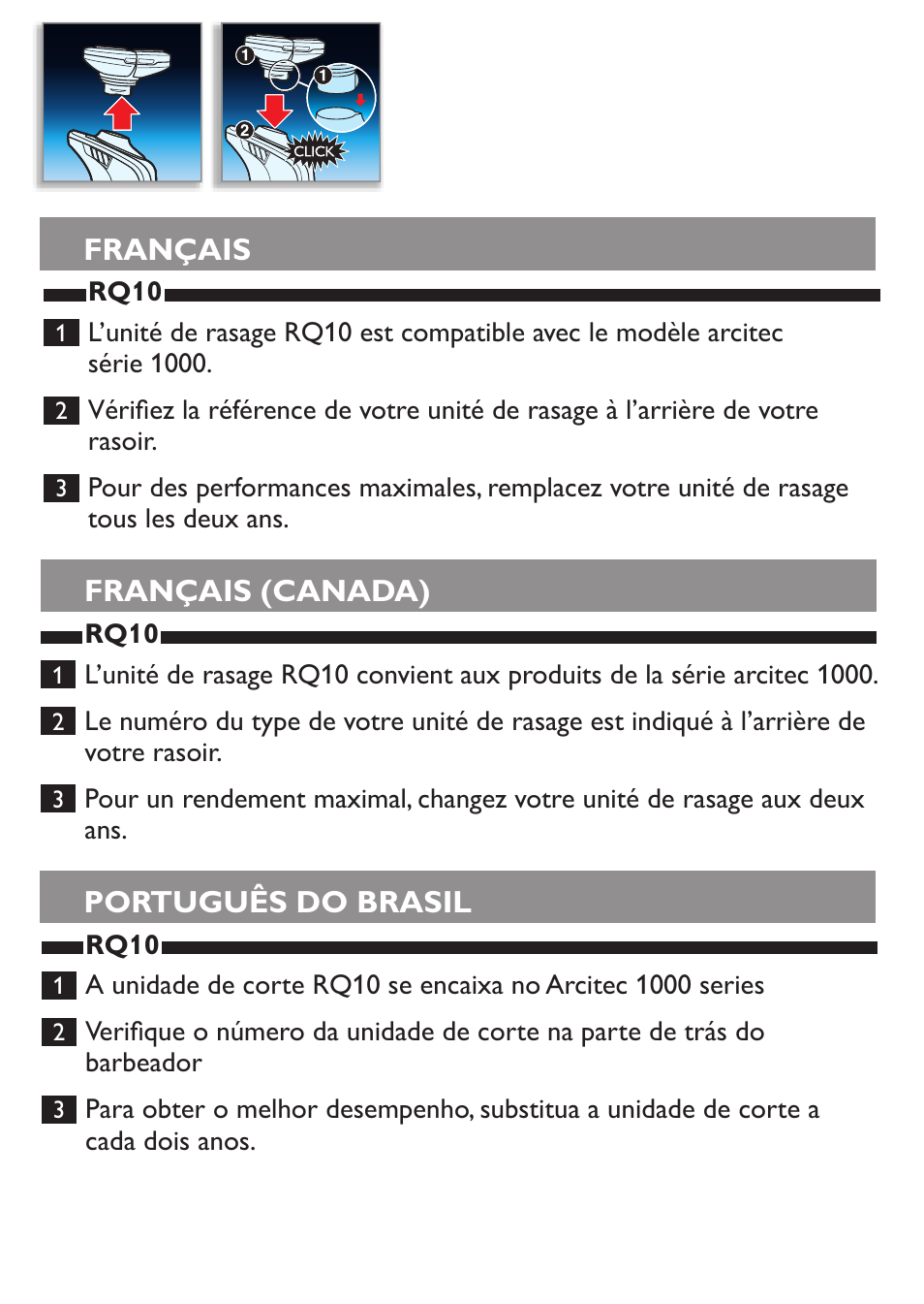 Français (canada), Français português do brasil | Philips Unidad de afeitado User Manual | Page 2 / 2