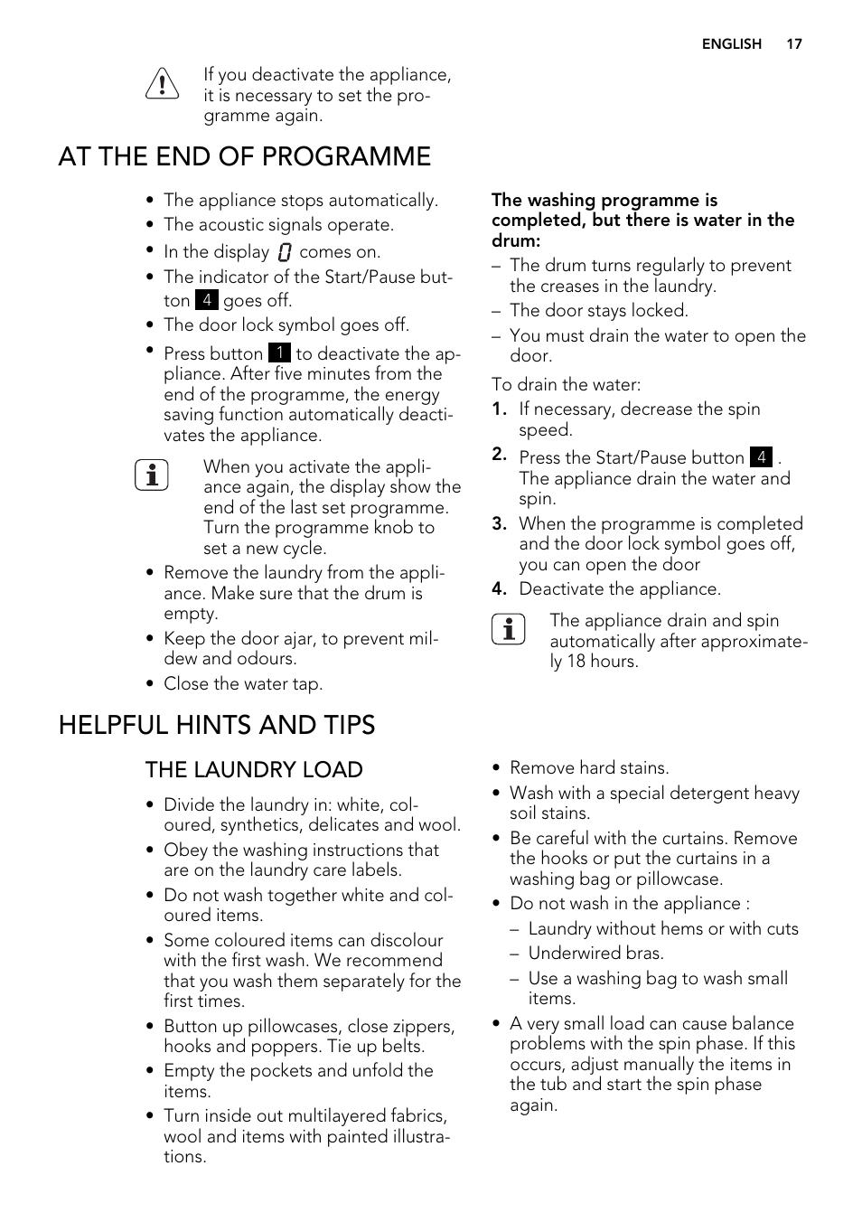 At the end of programme, Helpful hints and tips, The laundry load | AEG L 75675 FL User Manual | Page 17 / 32