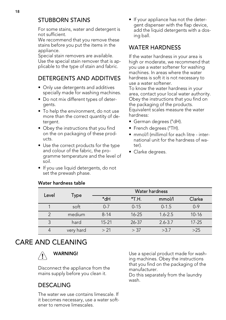 Care and cleaning, Stubborn stains, Detergents and additives | Water hardness, Descaling | AEG L 75675 FL User Manual | Page 18 / 32
