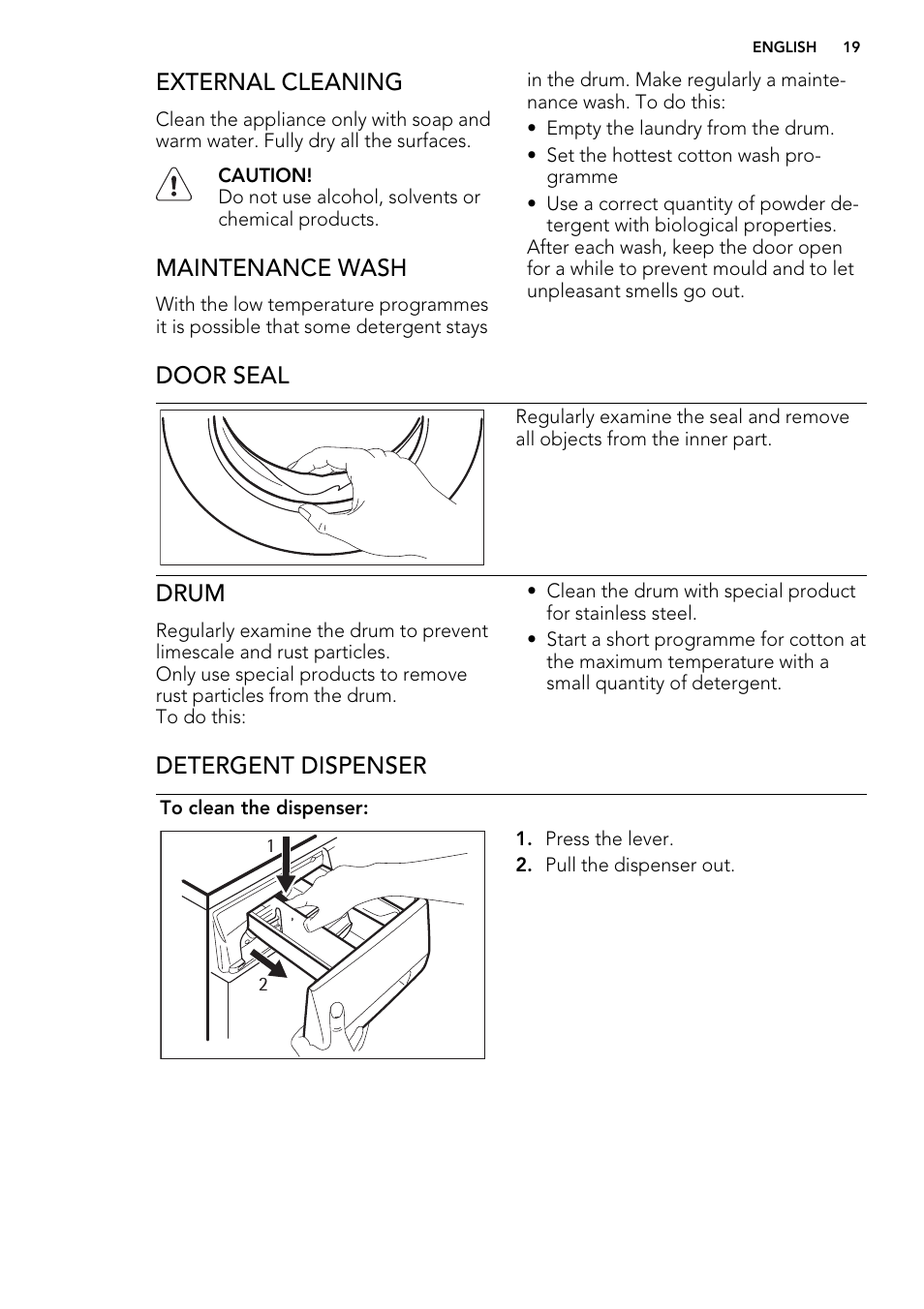 External cleaning, Maintenance wash, Door seal | Drum, Detergent dispenser | AEG L 75675 FL User Manual | Page 19 / 32