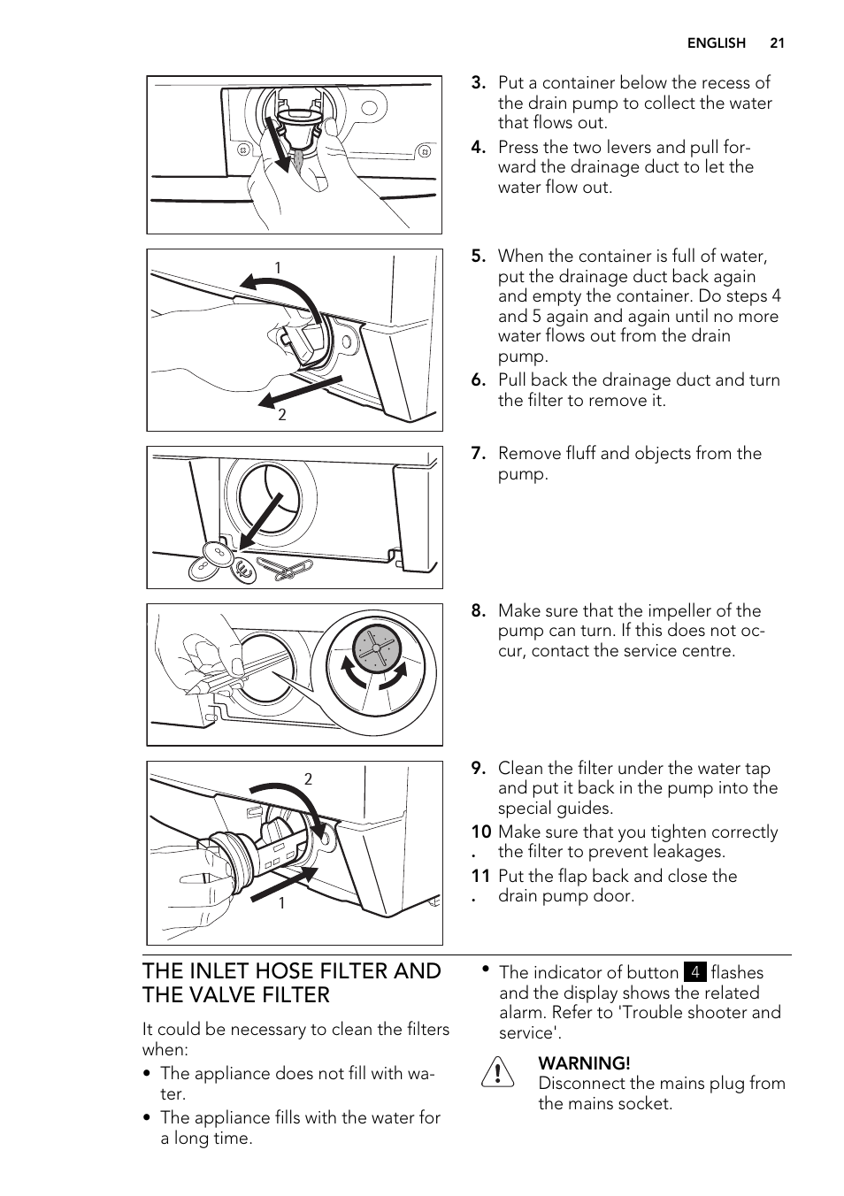 The inlet hose filter and the valve filter | AEG L 75675 FL User Manual | Page 21 / 32