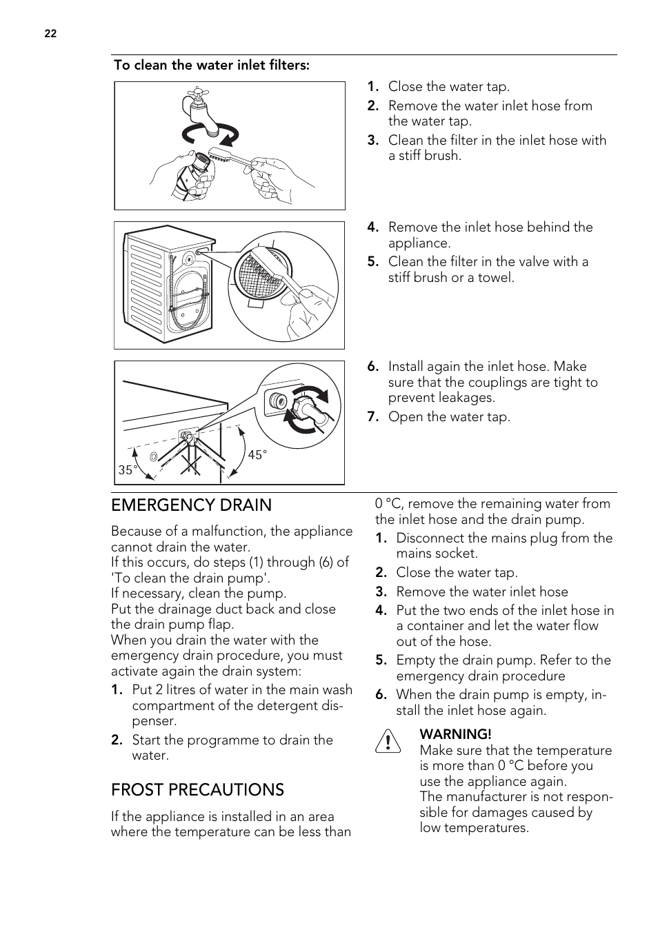 Emergency drain, Frost precautions | AEG L 75675 FL User Manual | Page 22 / 32