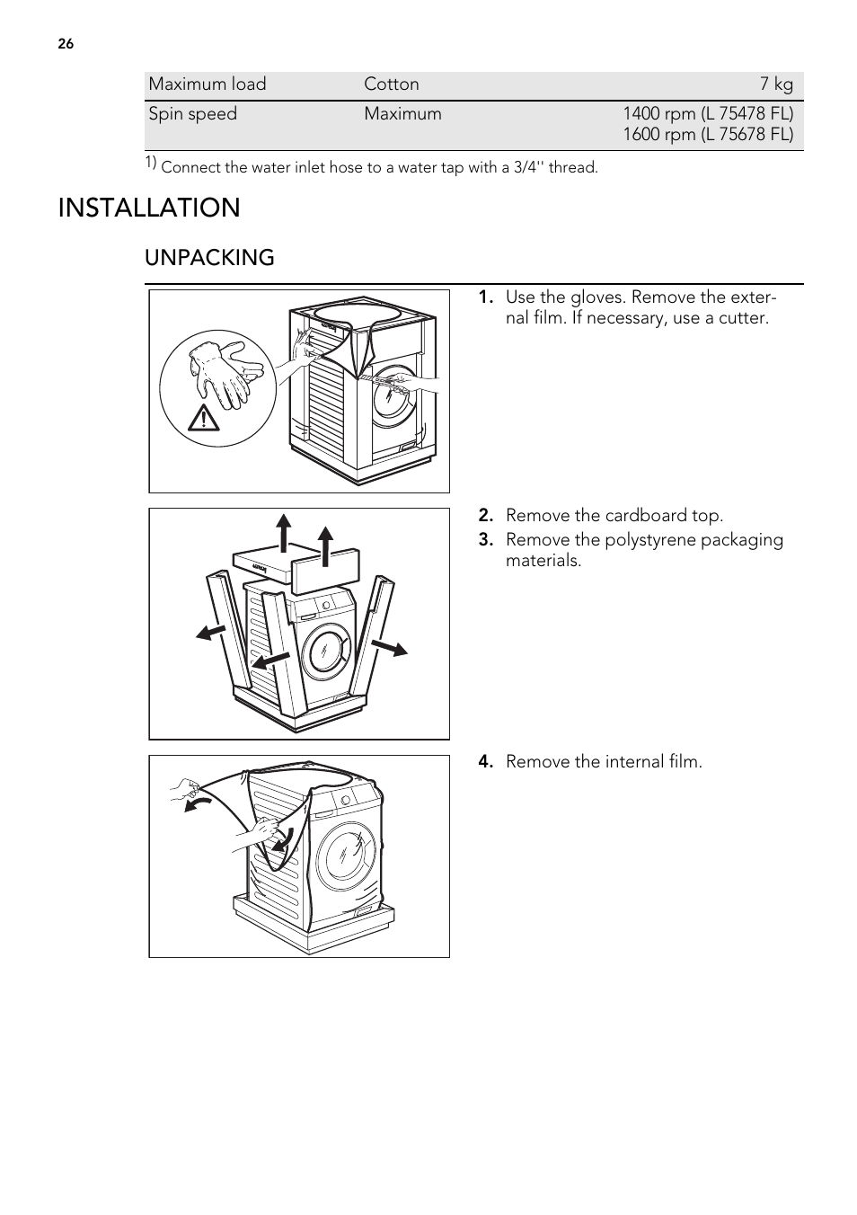 Installation, Unpacking | AEG L 75675 FL User Manual | Page 26 / 32