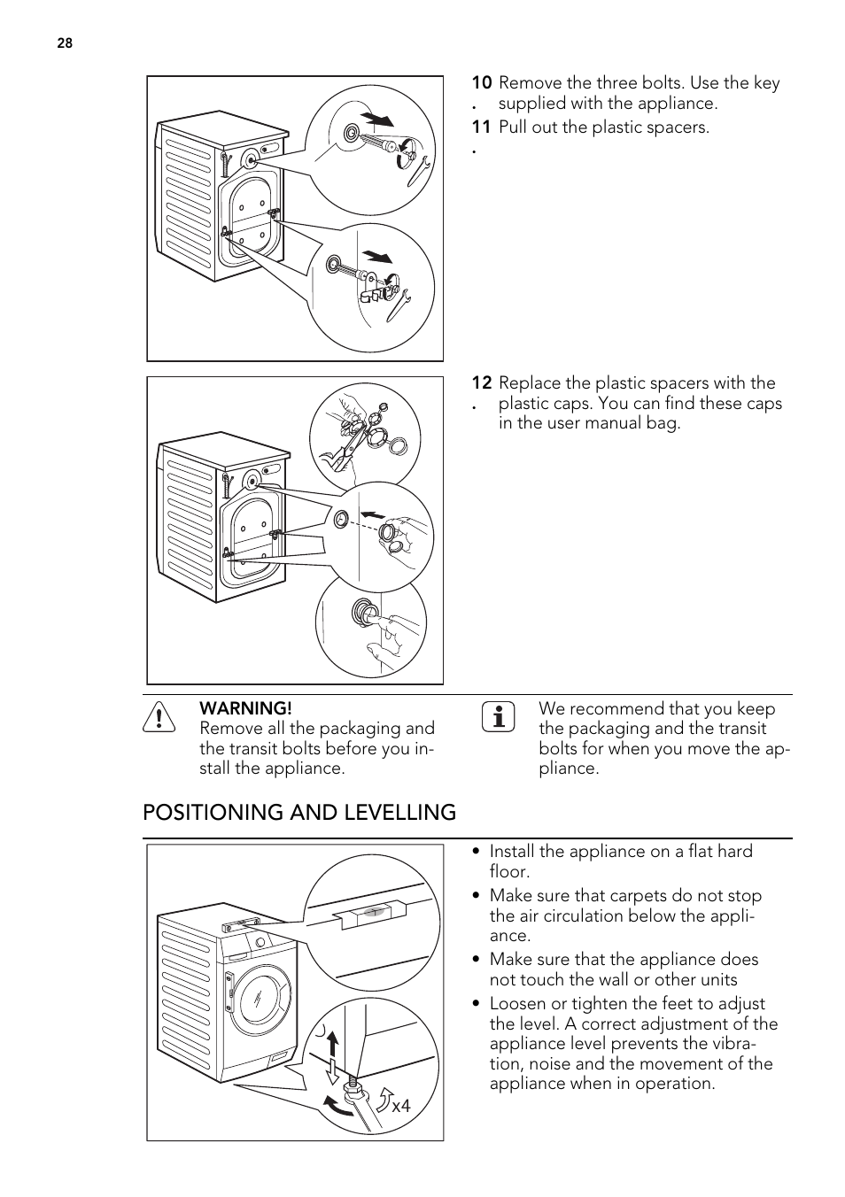 Positioning and levelling | AEG L 75675 FL User Manual | Page 28 / 32