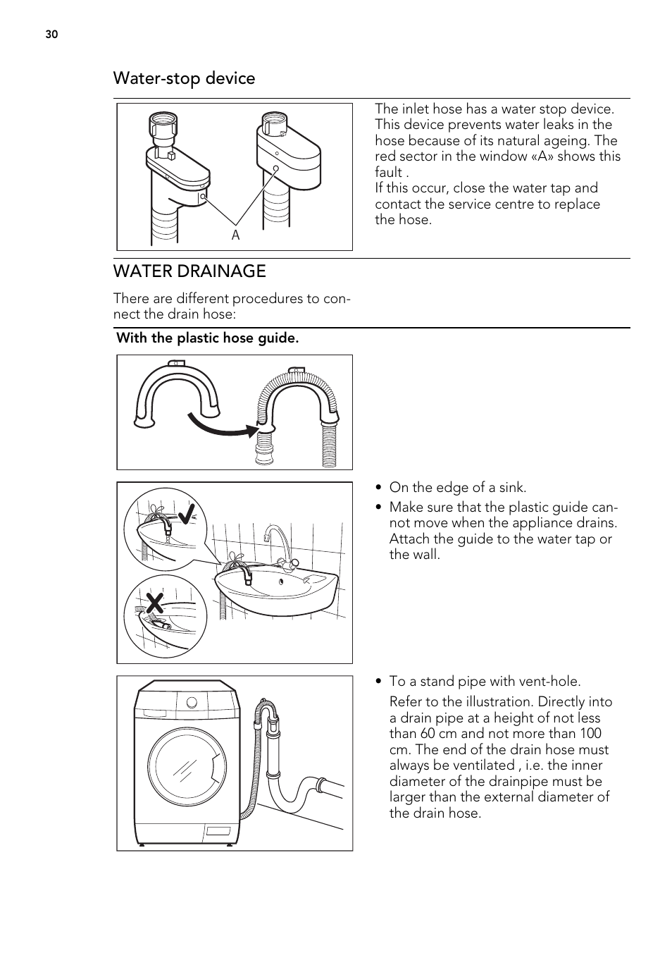 Water-stop device, Water drainage | AEG L 75675 FL User Manual | Page 30 / 32