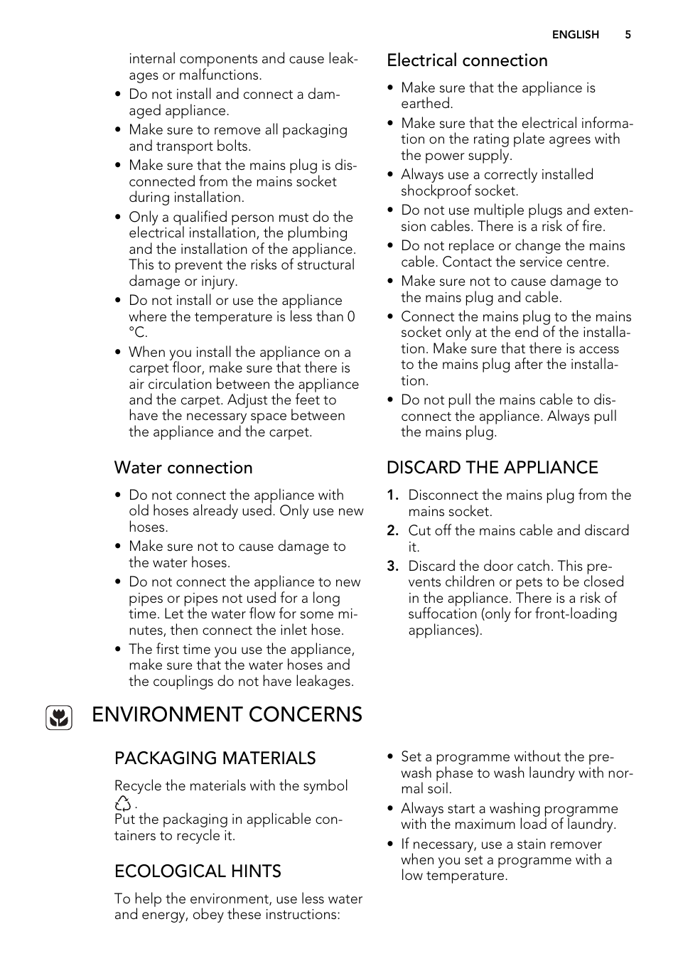 Environment concerns, Water connection, Electrical connection | Discard the appliance, Packaging materials, Ecological hints | AEG L 75675 FL User Manual | Page 5 / 32