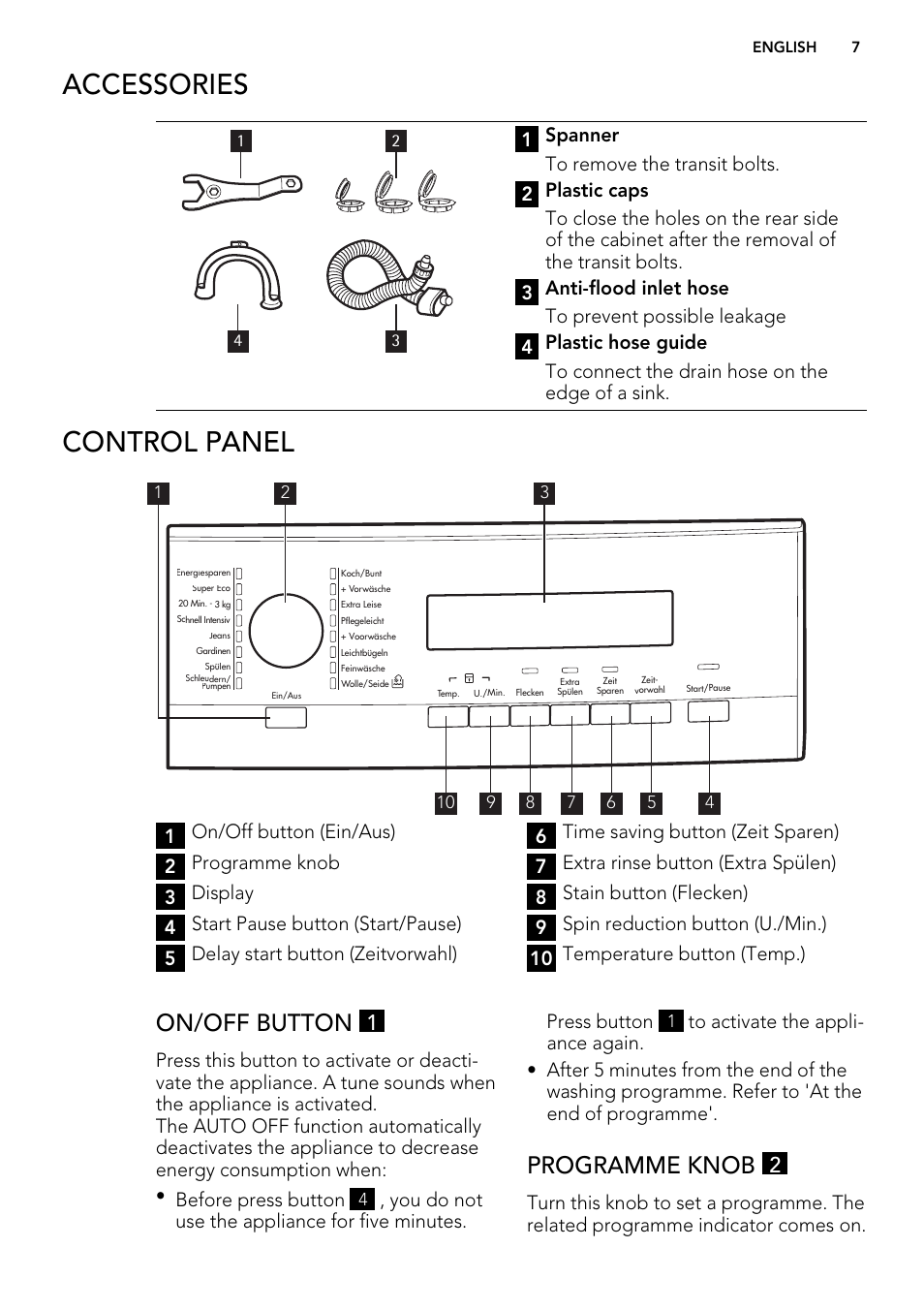 Accessories, Control panel, On/off button | Programme knob | AEG L 75675 FL User Manual | Page 7 / 32