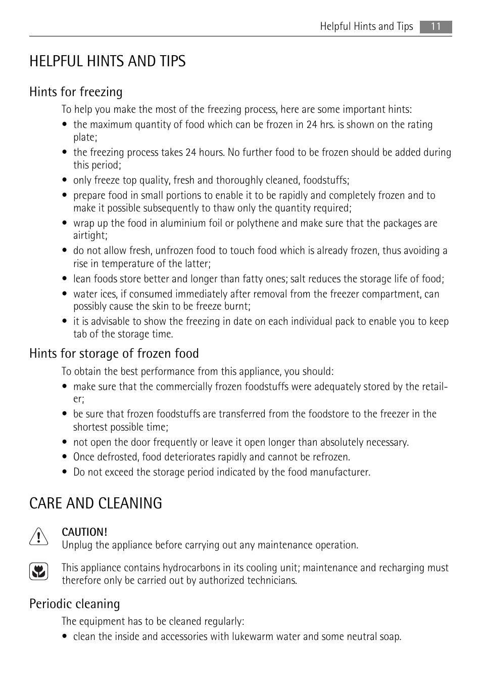 Helpful hints and tips, Care and cleaning, Hints for freezing | Hints for storage of frozen food, Periodic cleaning | AEG A92200GNM0 User Manual | Page 11 / 20