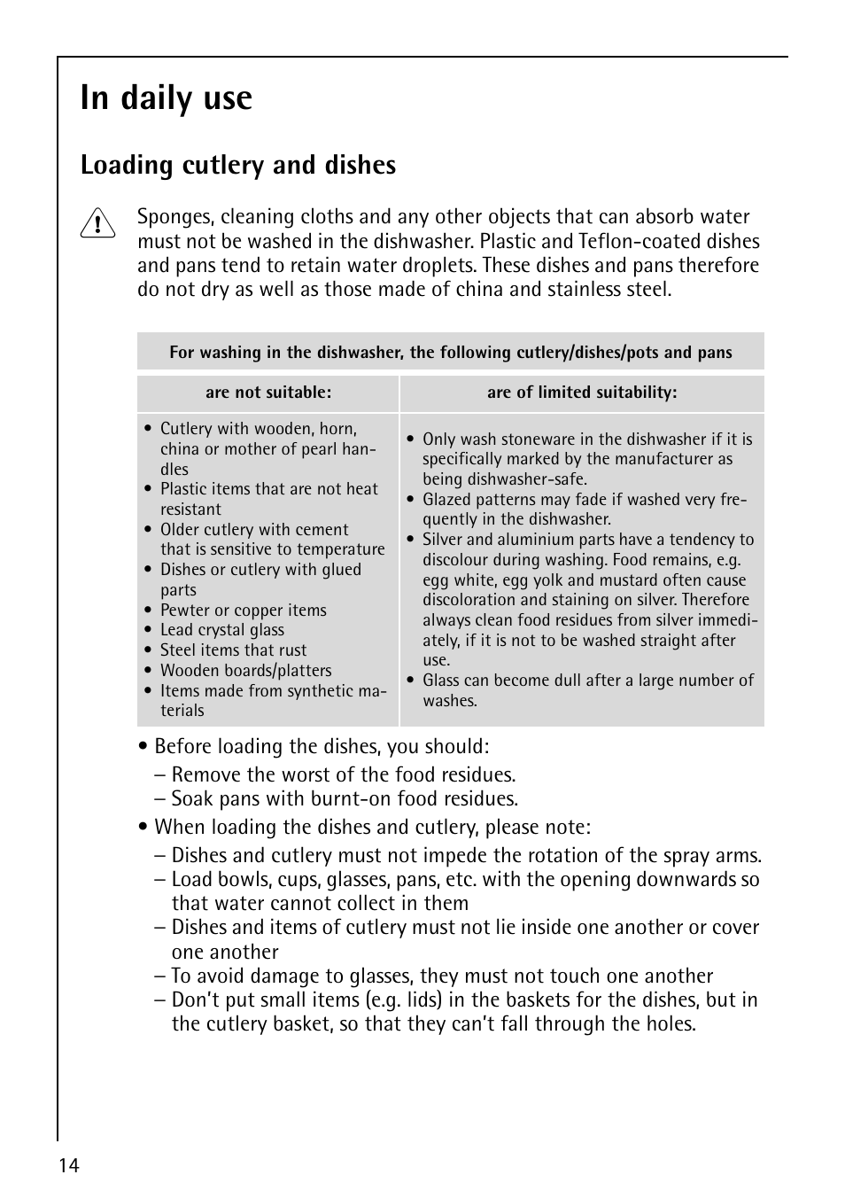 Loading cutlery and dishes | AEG FAVORIT 60860 User Manual | Page 14 / 48
