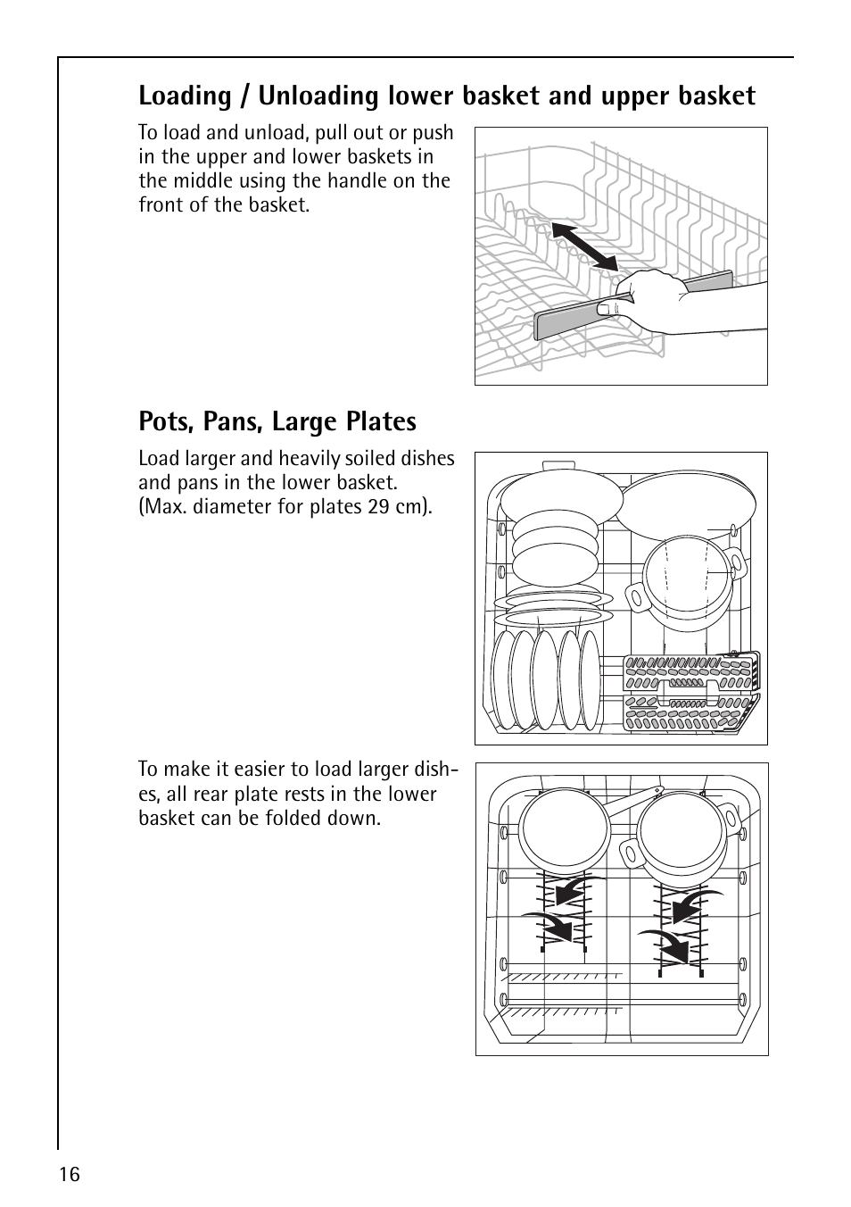 Loading / unloading lower basket and upper basket, Pots, pans, large plates | AEG FAVORIT 60860 User Manual | Page 16 / 48