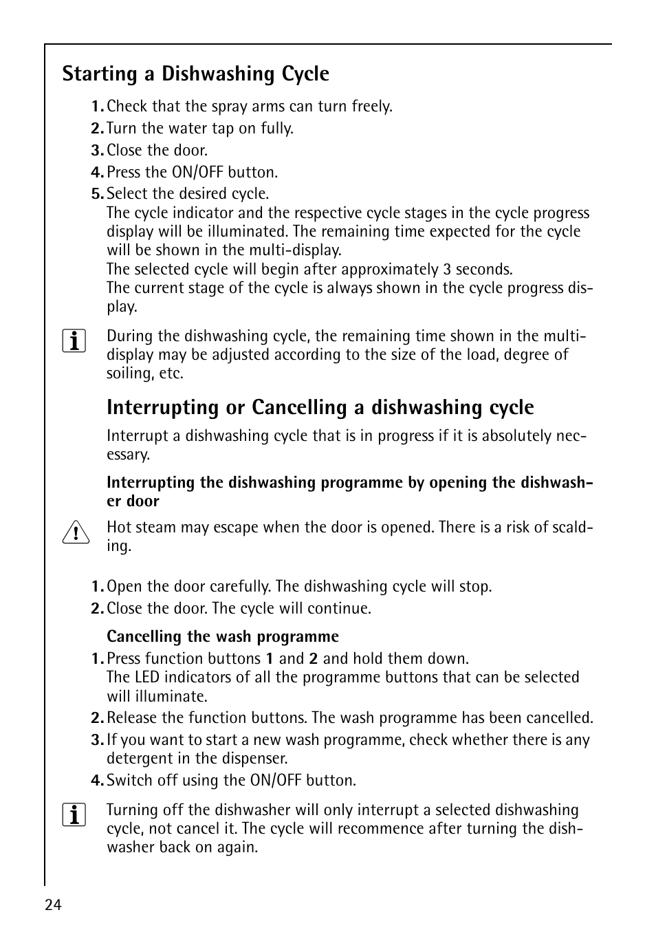 Starting a dishwashing cycle, Interrupting or cancelling a dishwashing cycle | AEG FAVORIT 60860 User Manual | Page 24 / 48