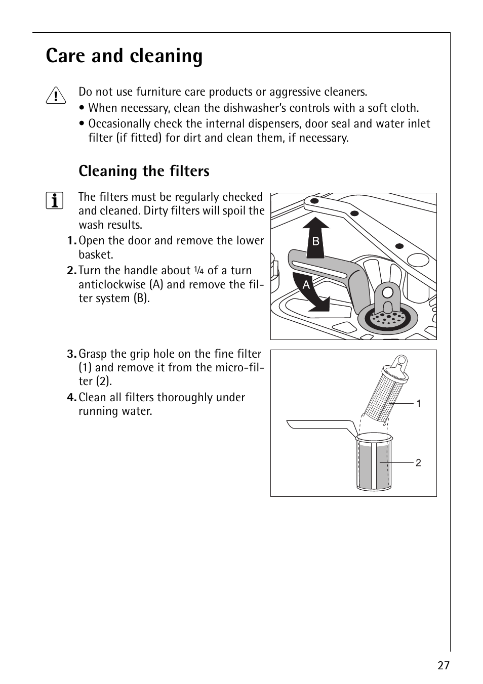 Care and cleaning 1, Cleaning the filters | AEG FAVORIT 60860 User Manual | Page 27 / 48