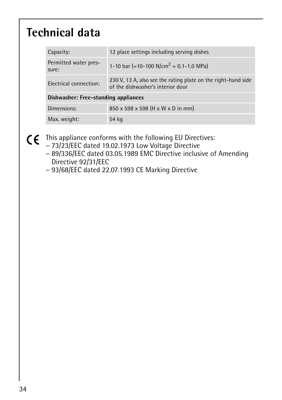 Technical data 5 | AEG FAVORIT 60860 User Manual | Page 34 / 48