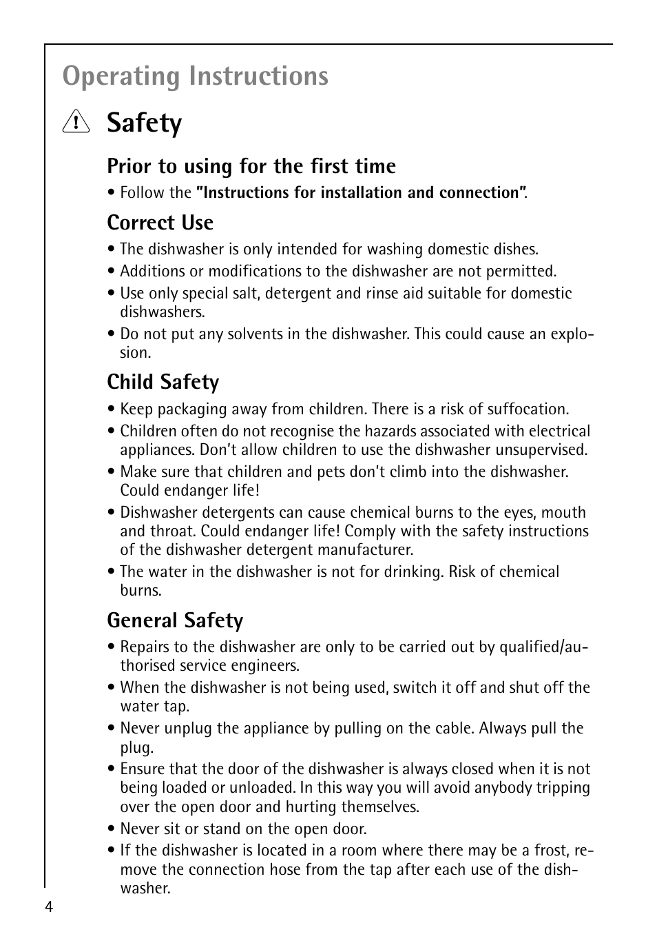 Operating instructions 1 safety, Prior to using for the first time, Correct use | Child safety, General safety | AEG FAVORIT 60860 User Manual | Page 4 / 48
