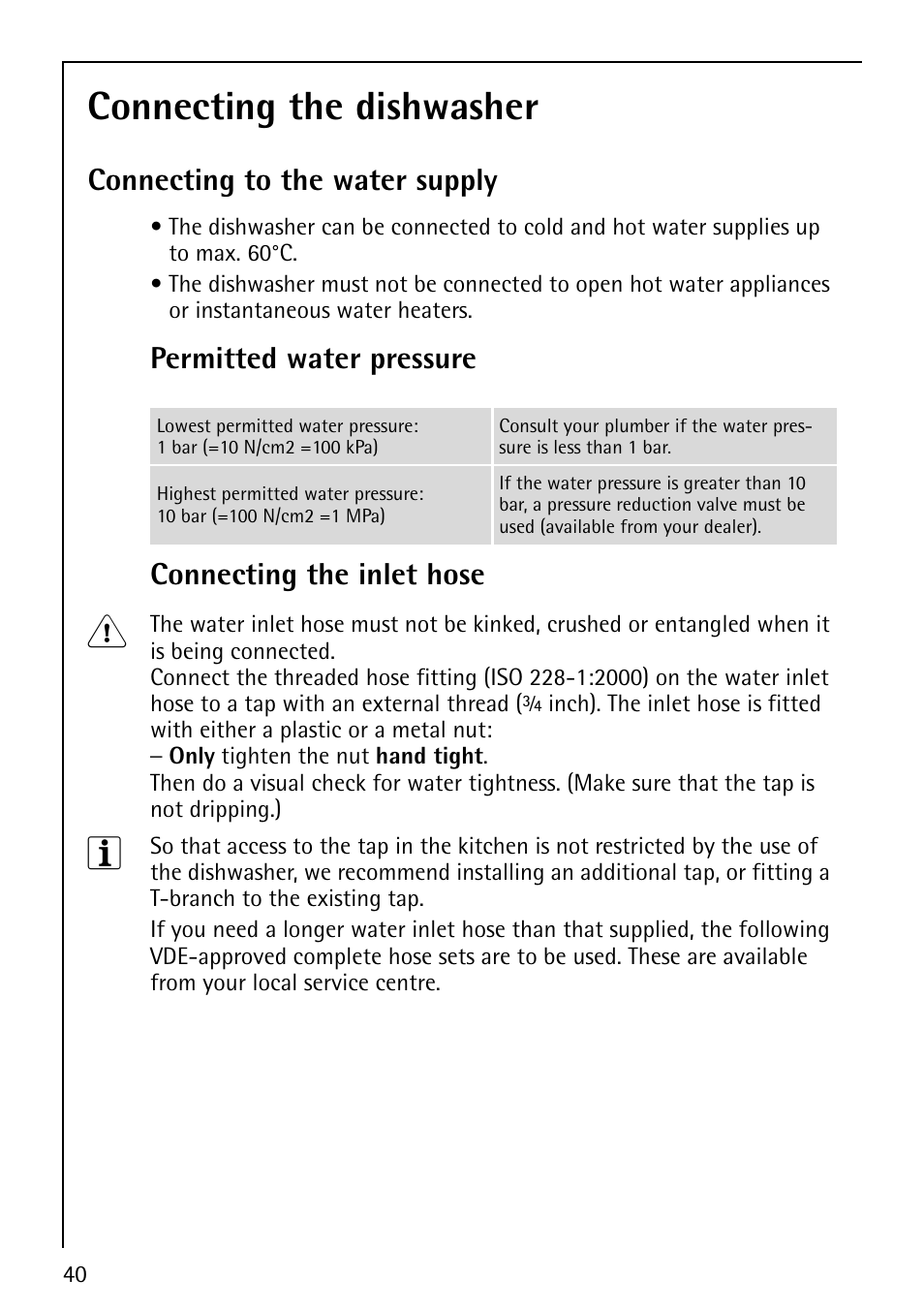 Connecting the dishwasher, Connecting to the water supply, Permitted water pressure connecting the inlet hose | AEG FAVORIT 60860 User Manual | Page 40 / 48