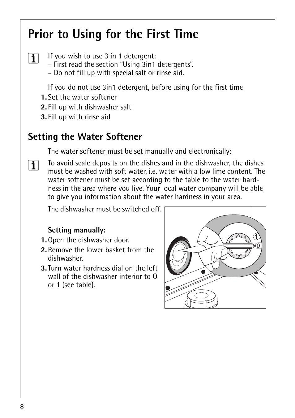 Prior to using for the first time 3, Setting the water softener | AEG FAVORIT 60860 User Manual | Page 8 / 48