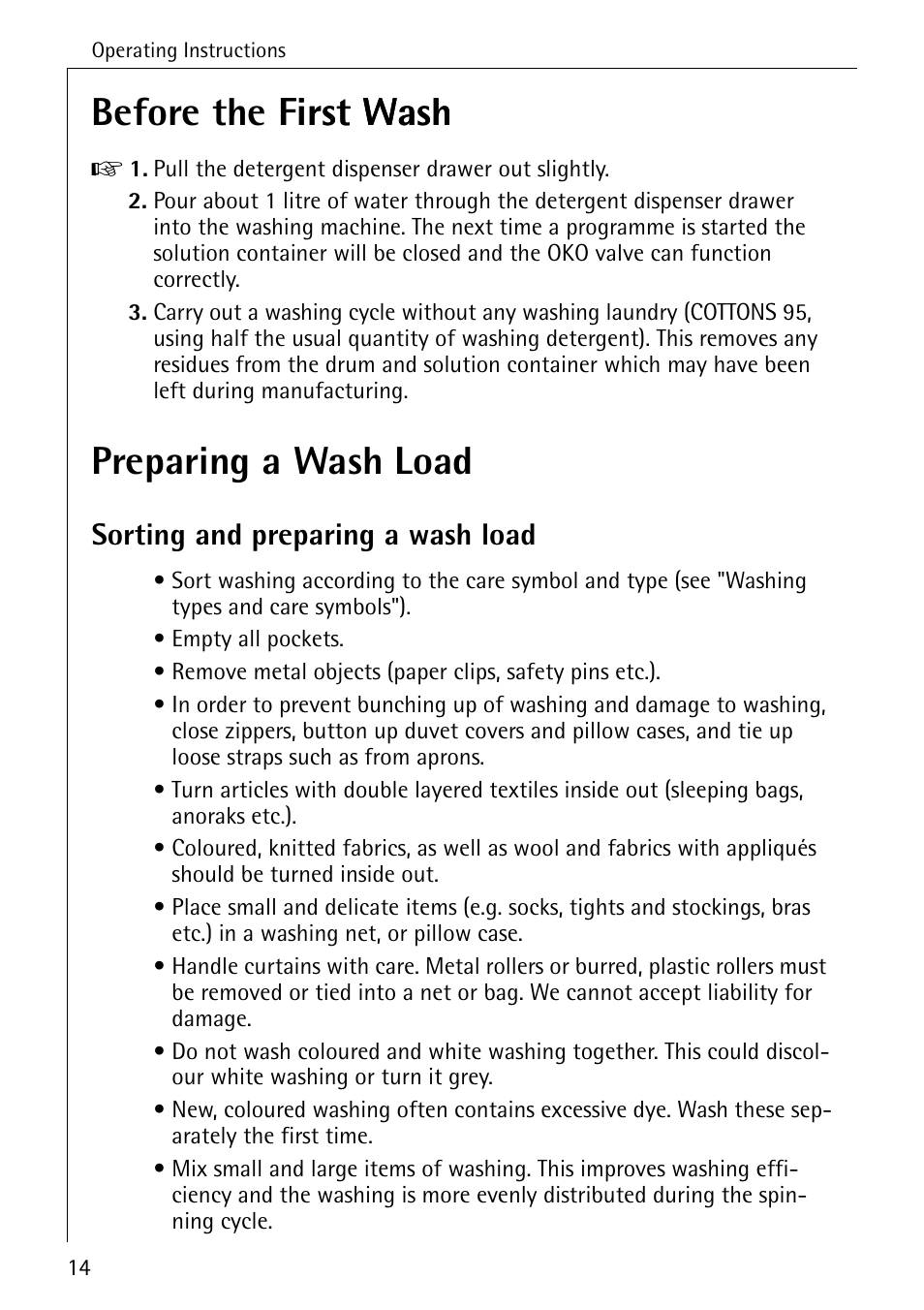 Before the first wash first wash, Preparing a wash load, Sorting and preparing a wash load | AEG KO-LAVAMAT 74335 User Manual | Page 14 / 52