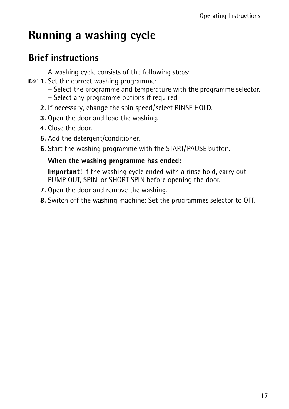 Running a washing cycle, Brief instructions | AEG KO-LAVAMAT 74335 User Manual | Page 17 / 52