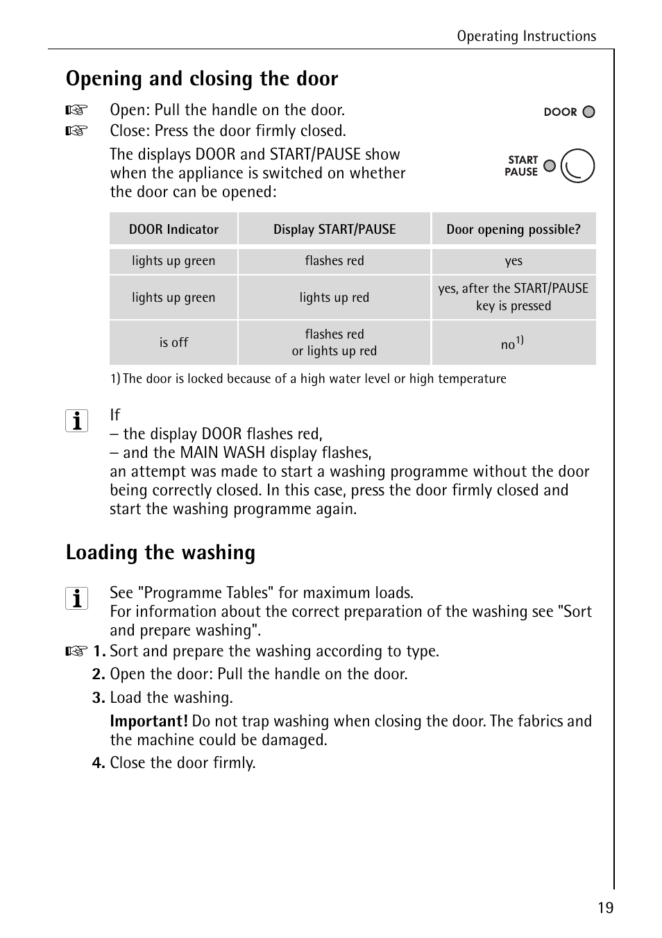 Opening and closing the door, Loading the washing | AEG KO-LAVAMAT 74335 User Manual | Page 19 / 52