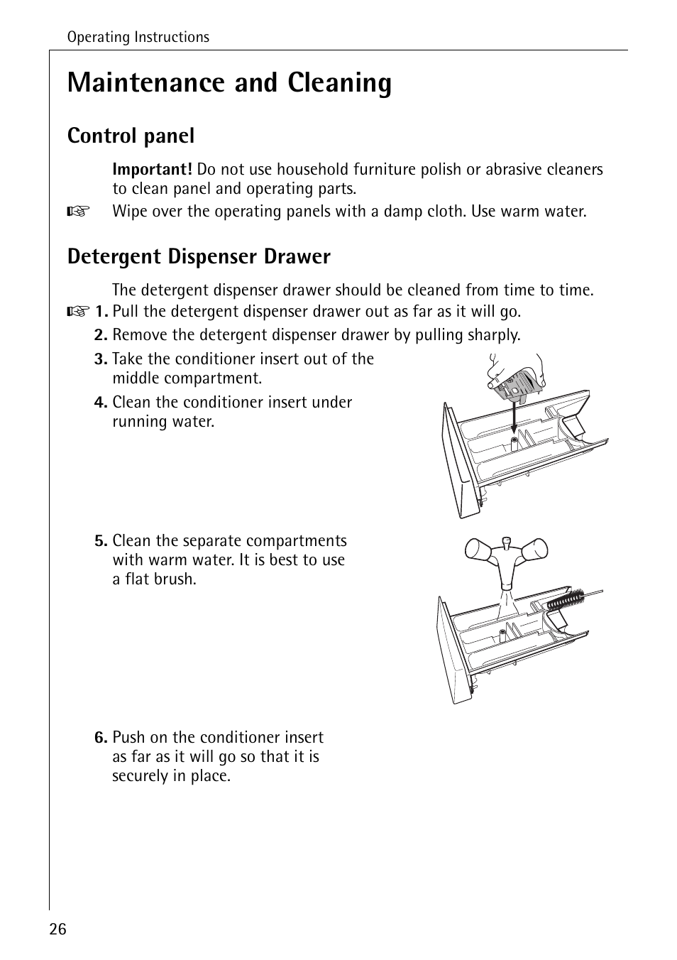 Maintenance and cleaning, Control panel, Detergent dispenser drawer | AEG KO-LAVAMAT 74335 User Manual | Page 26 / 52