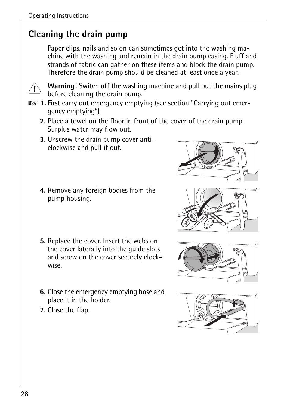 Cleaning the drain pump | AEG KO-LAVAMAT 74335 User Manual | Page 28 / 52