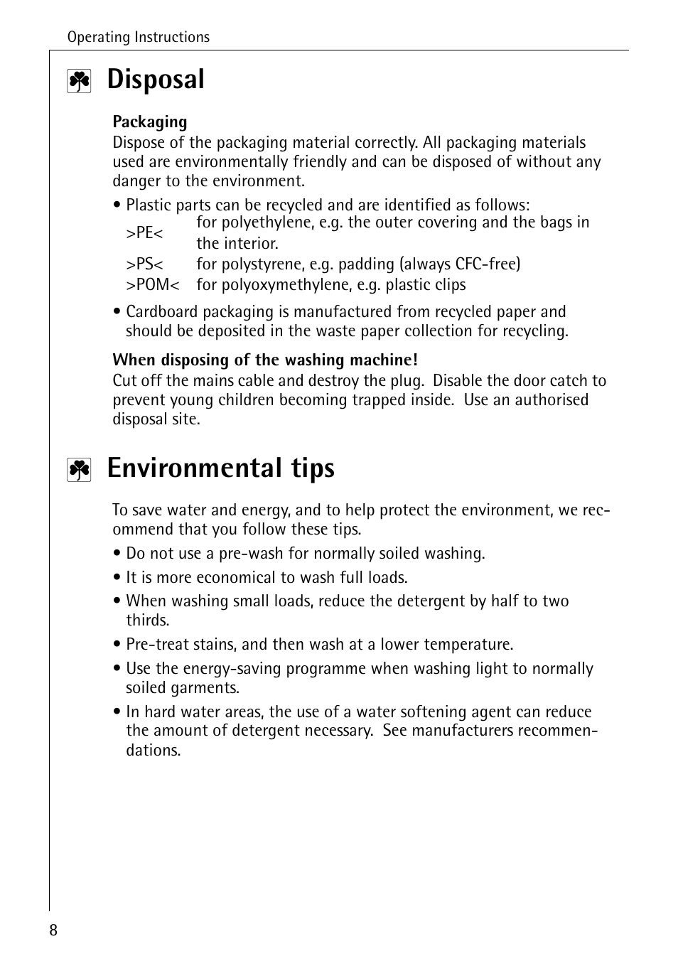 Disposal, Environmental tips | AEG KO-LAVAMAT 74335 User Manual | Page 8 / 52