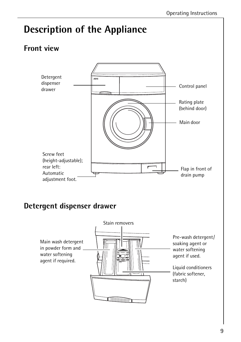 Description of the appliance, Front view detergent dispenser drawer | AEG KO-LAVAMAT 74335 User Manual | Page 9 / 52
