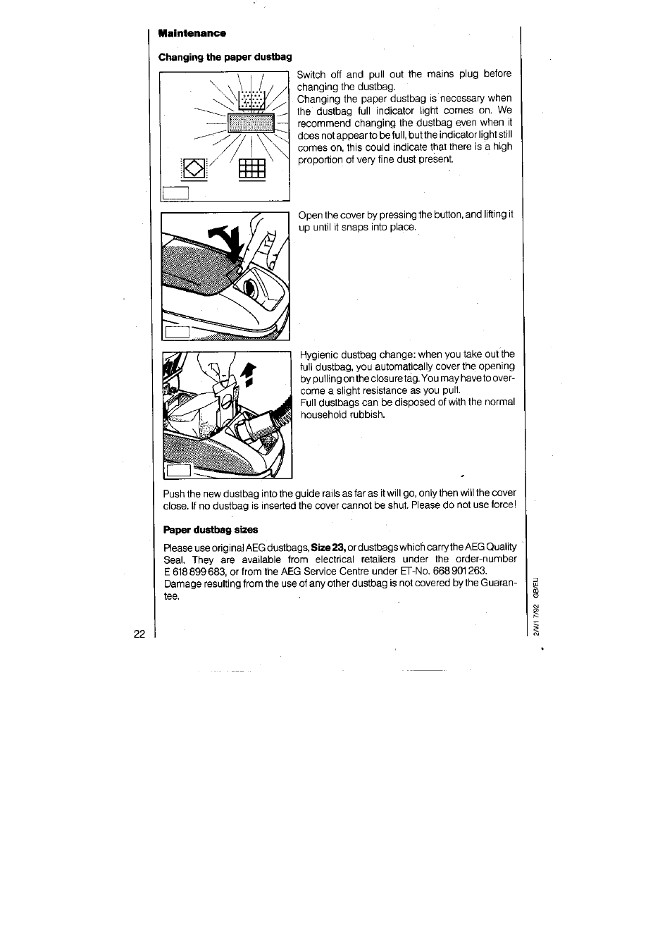 Paper dustbag sizes, V/ r'n | AEG VAMPYR 831I User Manual | Page 10 / 16