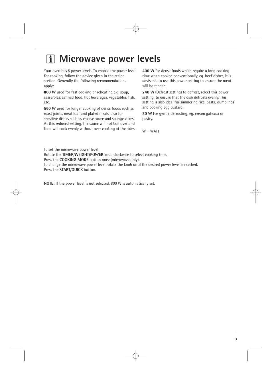 Microwave power levels | AEG MCD1751E User Manual | Page 15 / 48