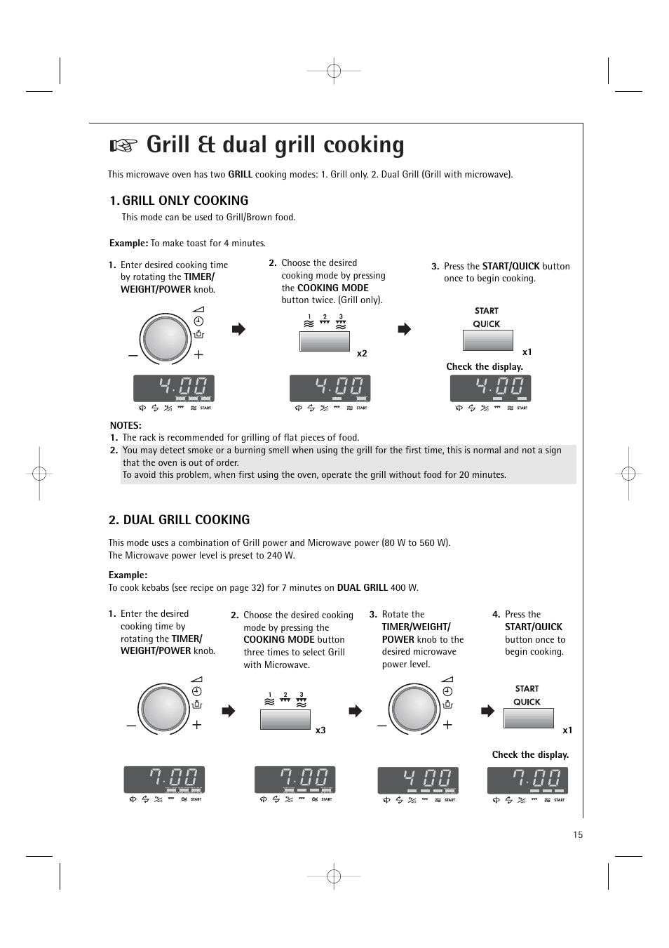 Grill & dual grill cooking, Grill only cooking, Dual grill cooking | AEG MCD1751E User Manual | Page 17 / 48