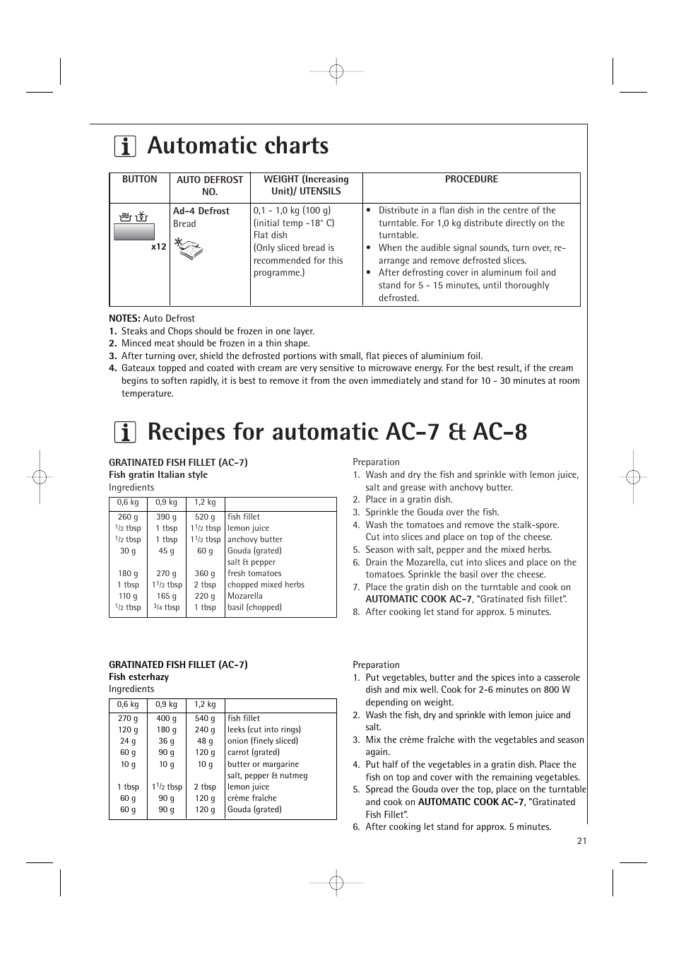 Recipes for automatic ac-7 & ac-8, Automatic charts | AEG MCD1751E User Manual | Page 23 / 48