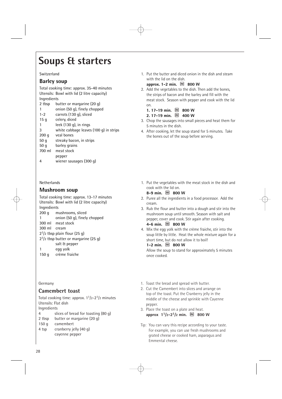Soups & starters, Camembert toast, Barley soup | Mushroom soup | AEG MCD1751E User Manual | Page 30 / 48