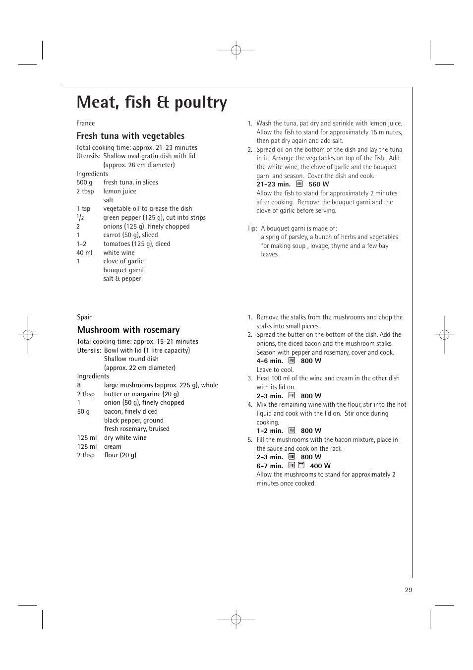 Meat, fish & poultry, Fresh tuna with vegetables, Mushroom with rosemary | AEG MCD1751E User Manual | Page 31 / 48
