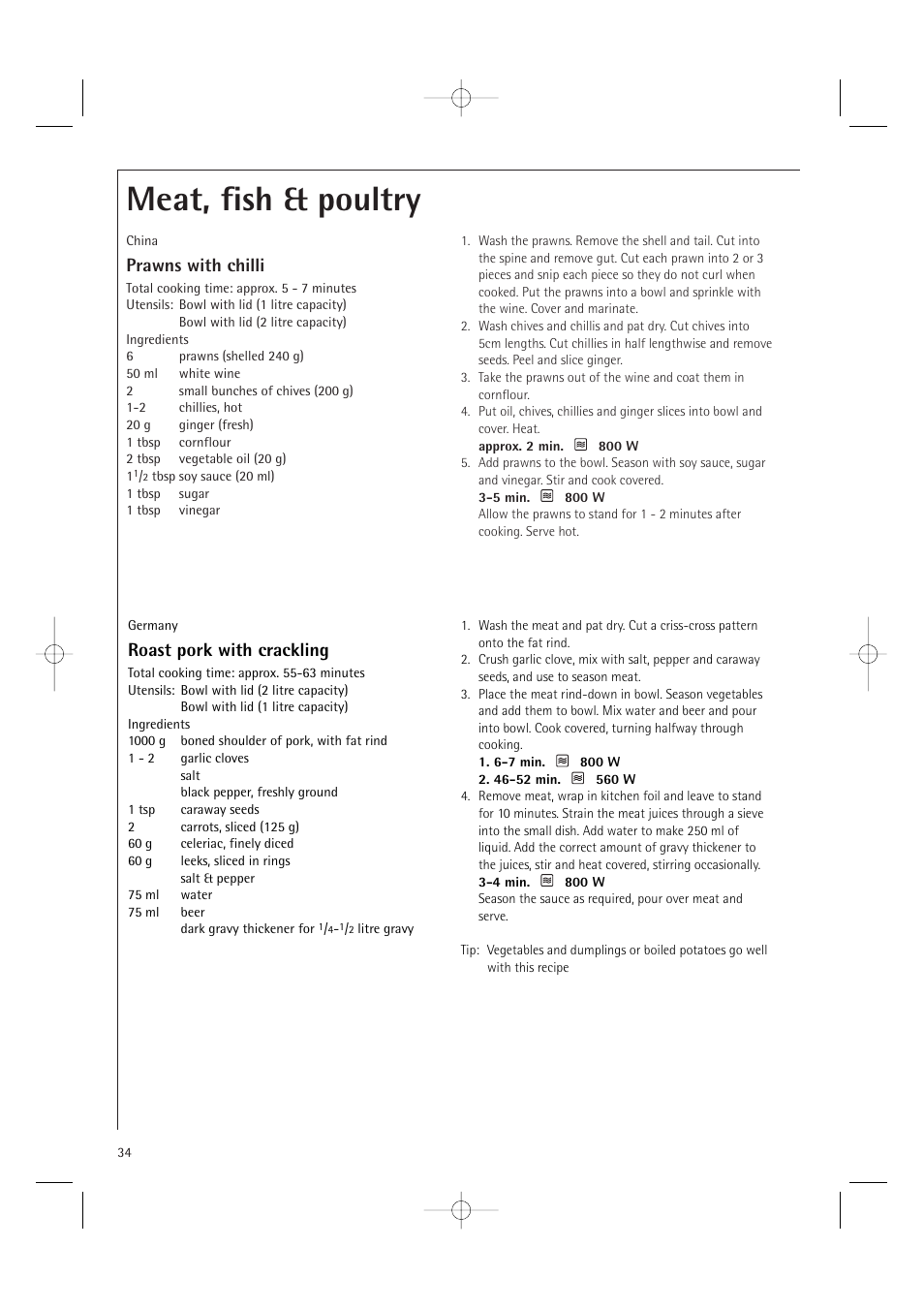 Meat, fish & poultry, Prawns with chilli, Roast pork with crackling | AEG MCD1751E User Manual | Page 36 / 48