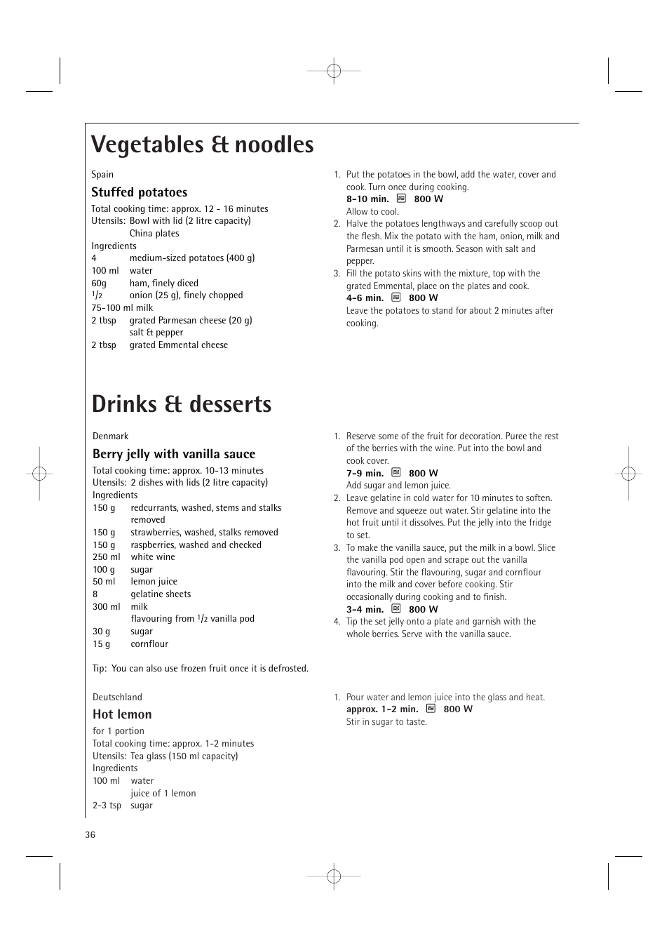 Vegetables & noodles drinks & desserts, Hot lemon, Stuffed potatoes | Berry jelly with vanilla sauce | AEG MCD1751E User Manual | Page 38 / 48