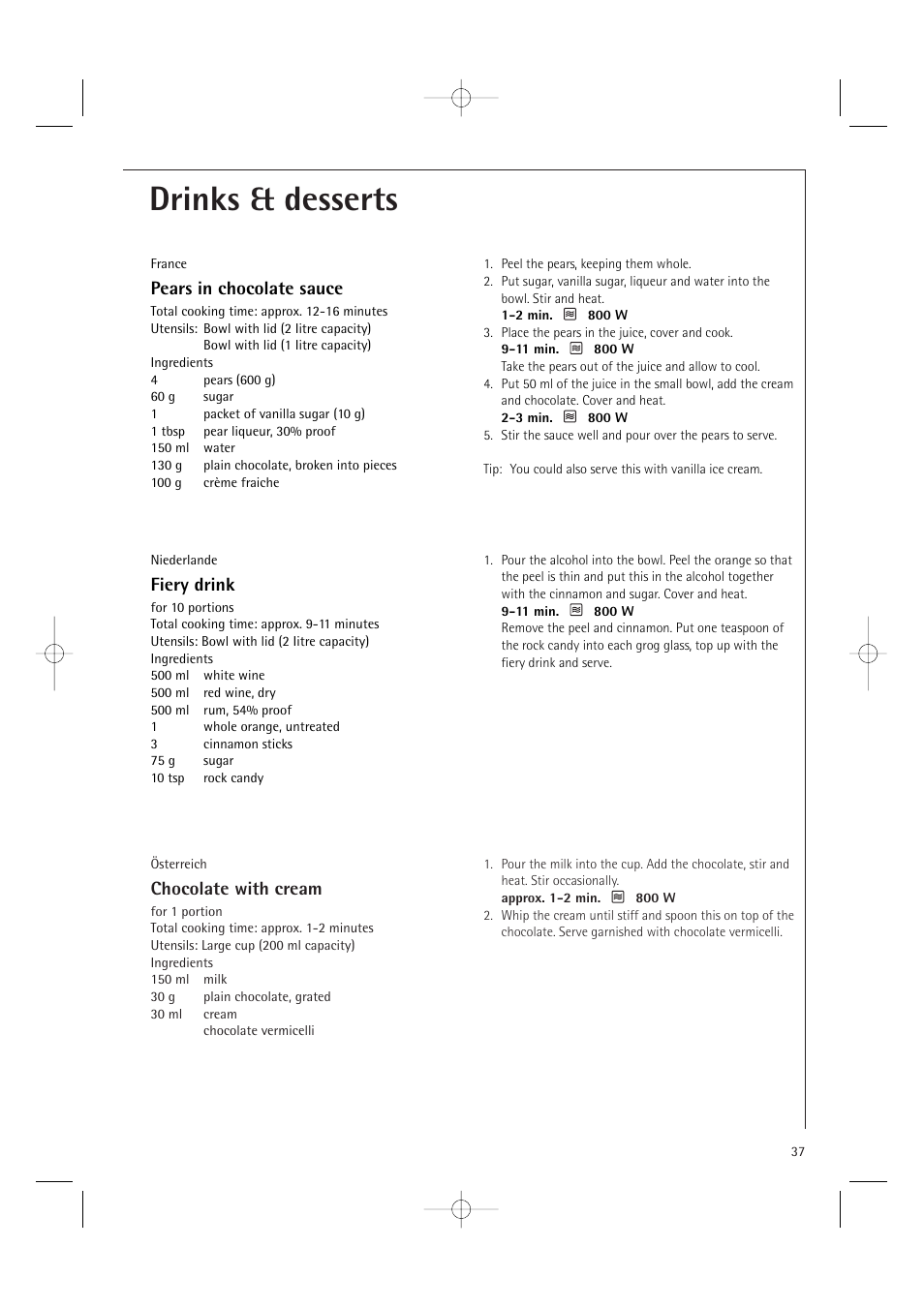 Drinks & desserts, Chocolate with cream, Pears in chocolate sauce | Fiery drink | AEG MCD1751E User Manual | Page 39 / 48