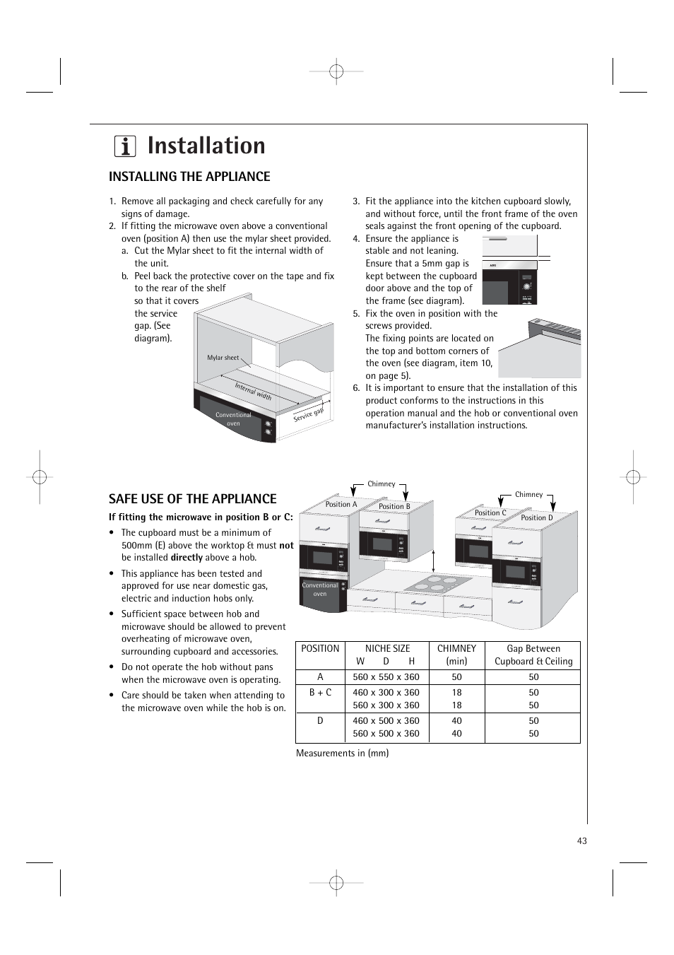 Installation, Installing the appliance, Safe use of the appliance | AEG MCD1751E User Manual | Page 45 / 48