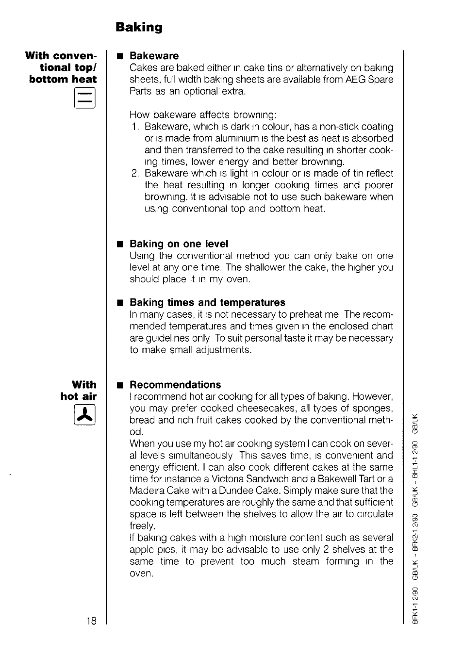 Bakeware, Baking on one level, Baking times and temperatures | Recommendations, Baking | AEG 7658B User Manual | Page 18 / 39